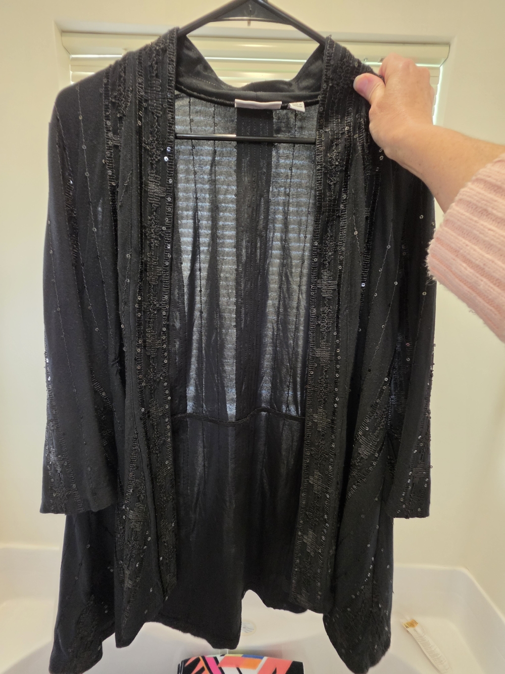 (Small) Susan Graver Black Sequin Open Front Cardigan